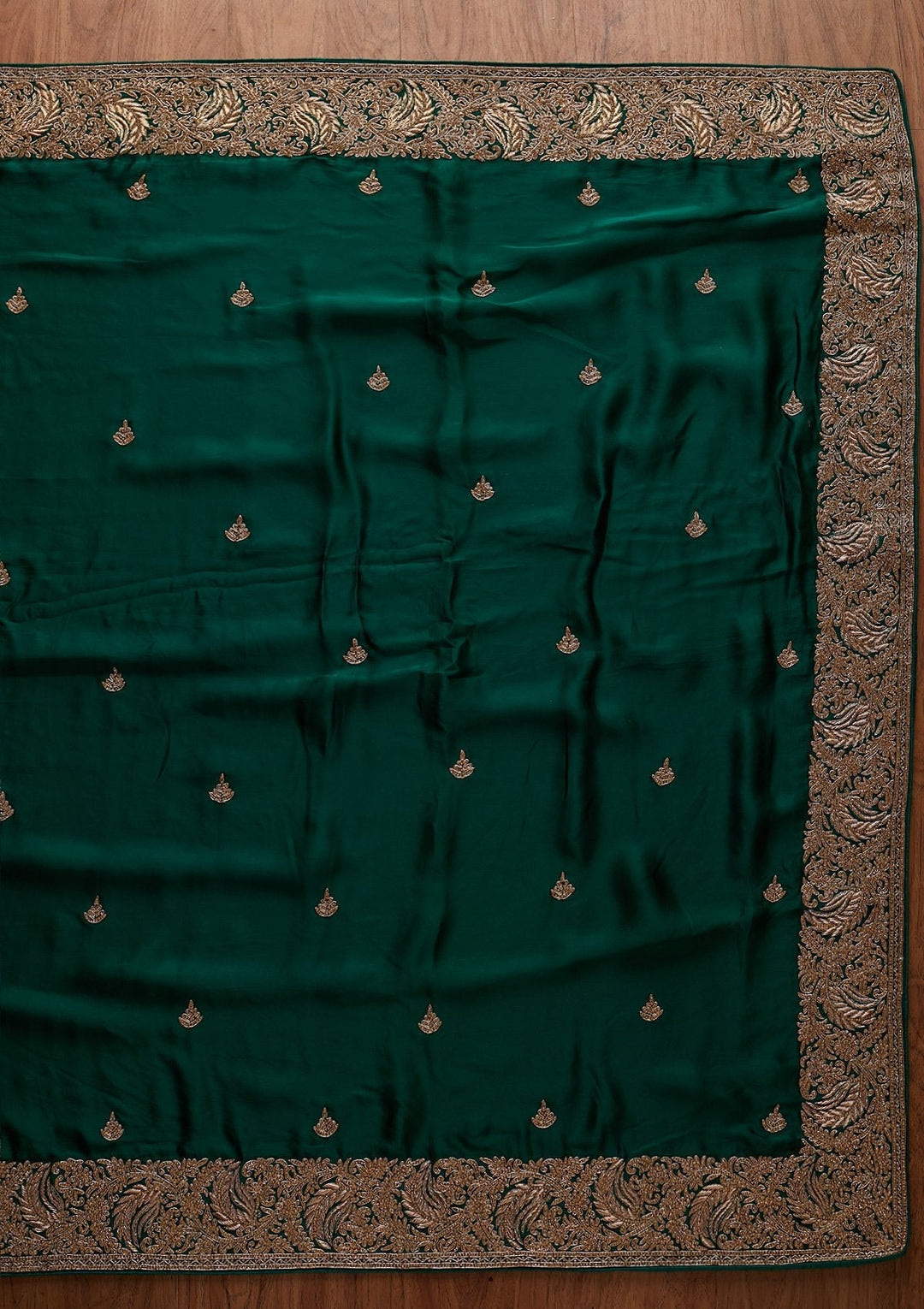 Bottle Green Zardosi Satin Designer Saree - koskii
