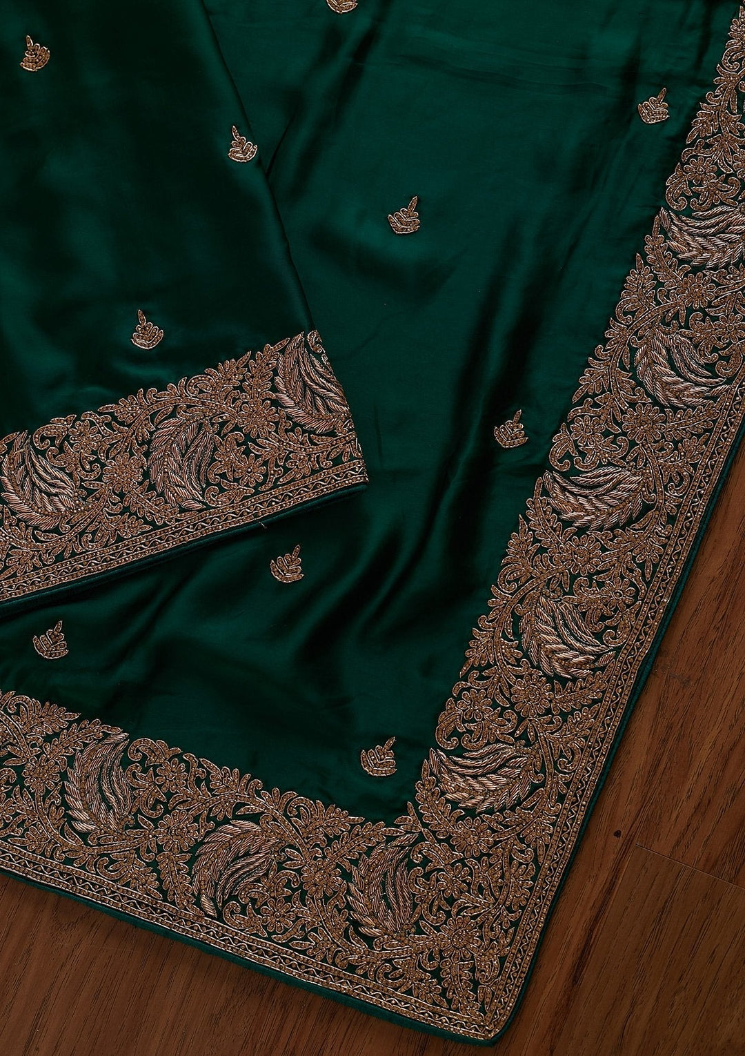 Bottle Green Zardosi Satin Designer Saree - koskii