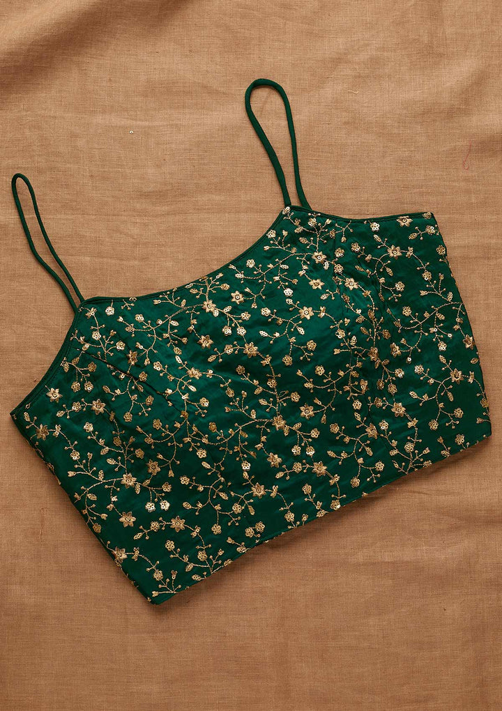 Bottle Green Zariwork Art Silk Blouse-Koskii