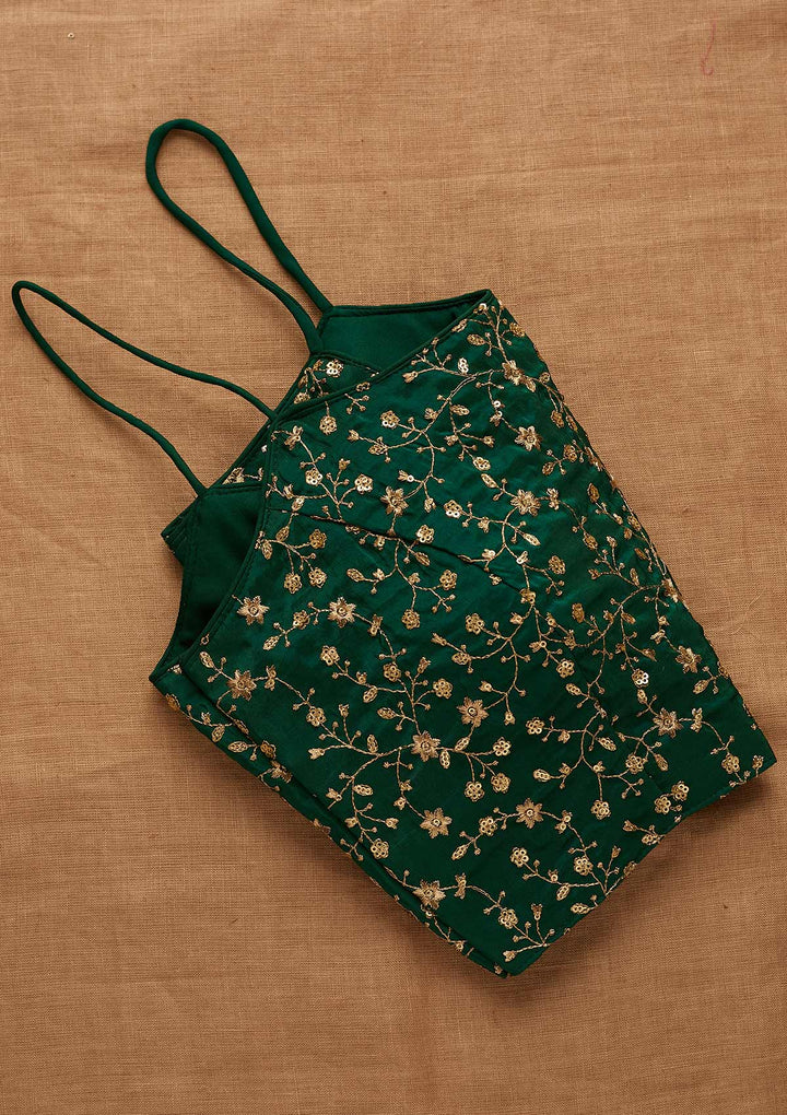 Bottle Green Zariwork Art Silk Blouse-Koskii