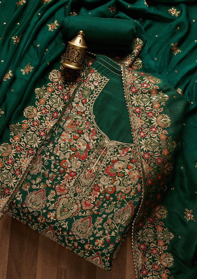 Bottle Green Zariwork Art Silk Unstitched Salwar Suit- Koskii