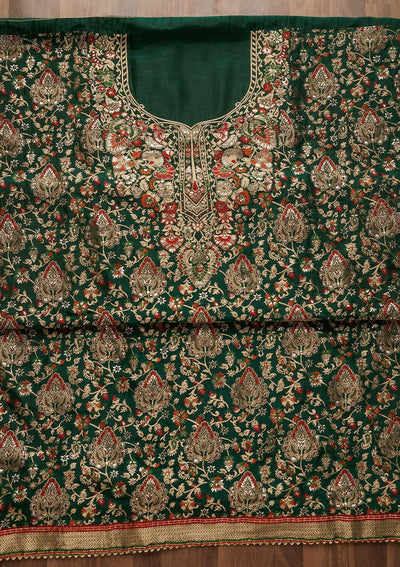 Bottle Green Zariwork Art Silk Unstitched Salwar Suit - Koskii