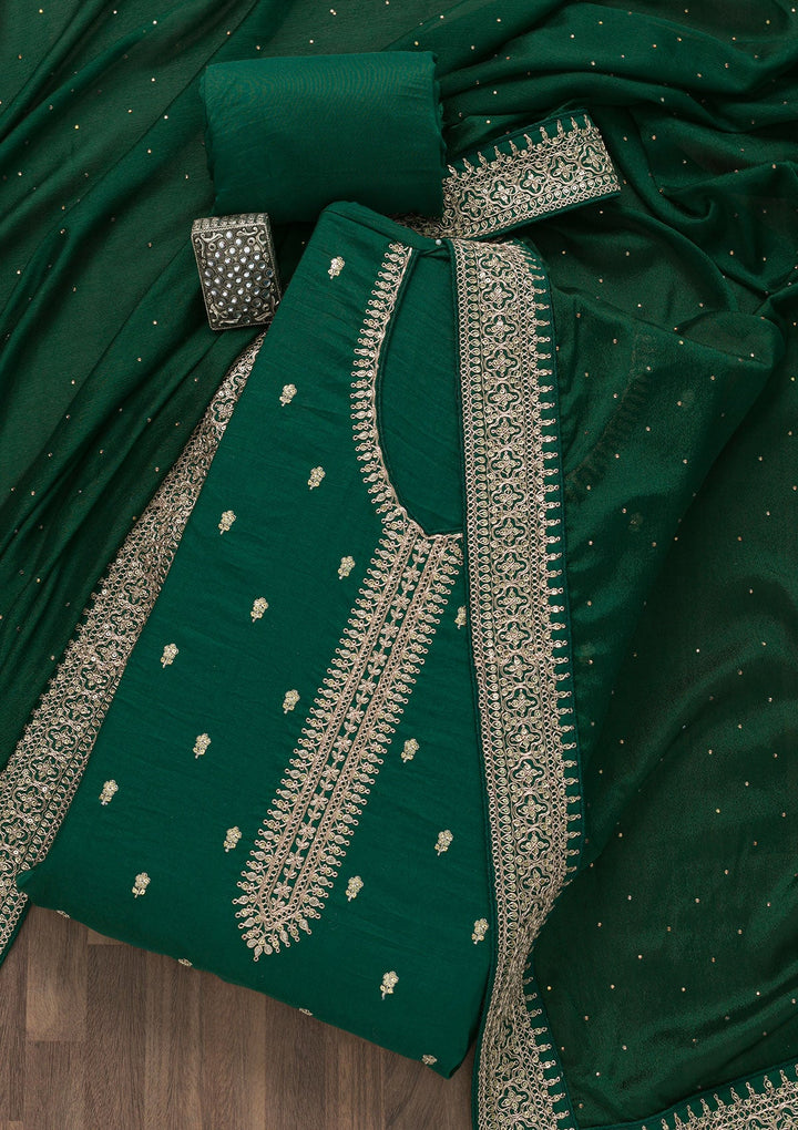 Bottle Green Zariwork Art Silk Unstitched Salwar Suit-Koskii