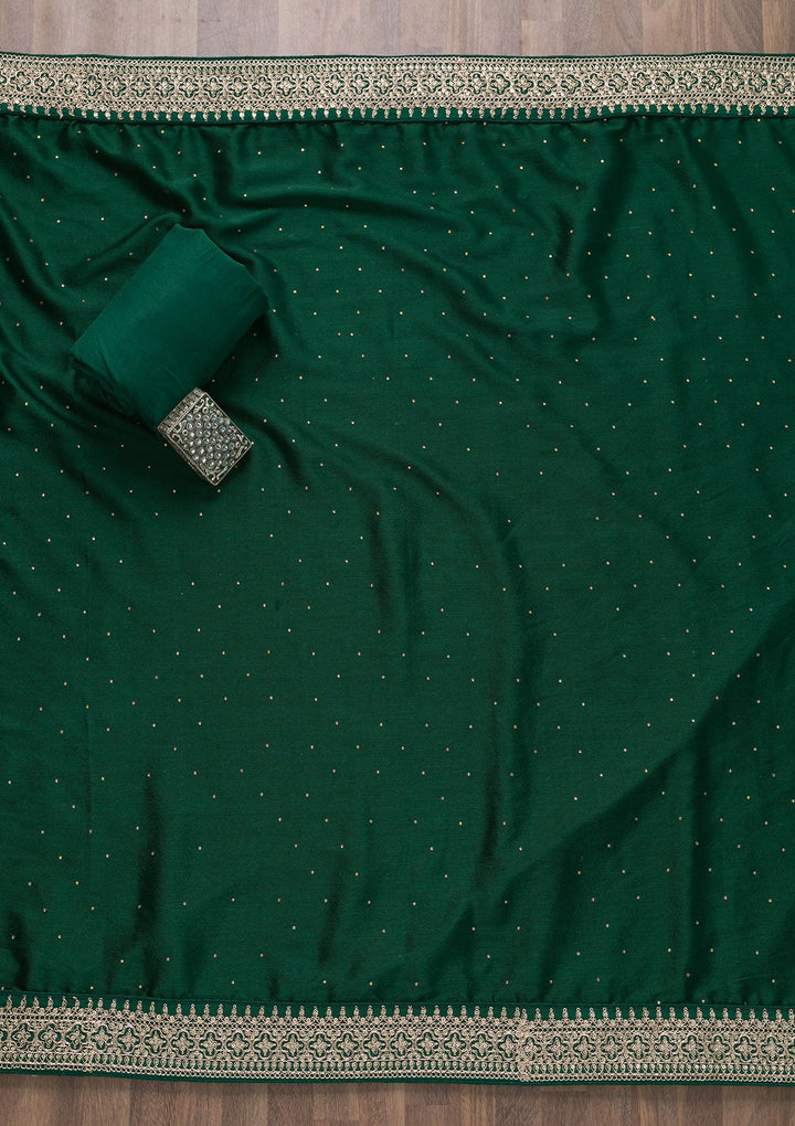 Bottle Green Zariwork Raw Silk Semi Stitched Salwar Suit-Koskii