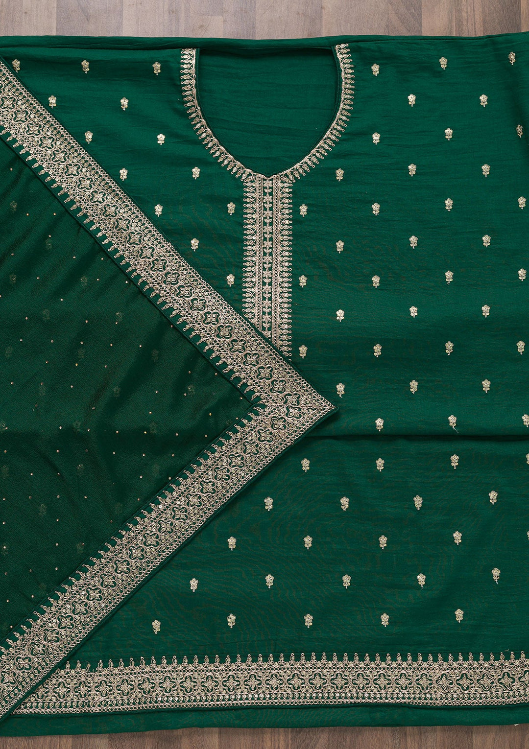 Bottle Green Zariwork Raw Silk Semi Stitched Salwar Suit-Koskii