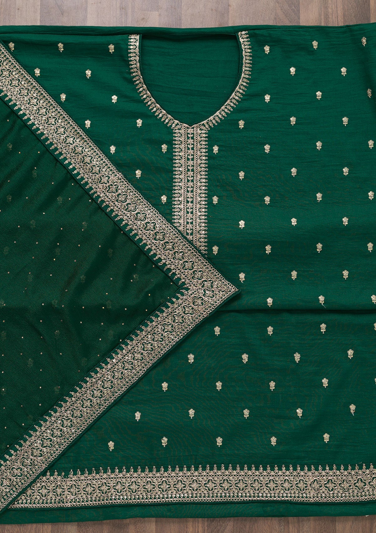 Bottle Green Zariwork Raw Silk Semi Stitched Salwar Suit-Koskii