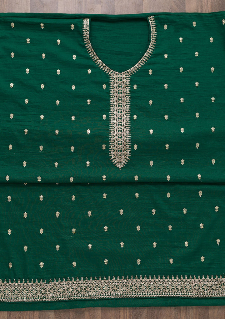 Bottle Green Zariwork Raw Silk Semi Stitched Salwar Suit-Koskii