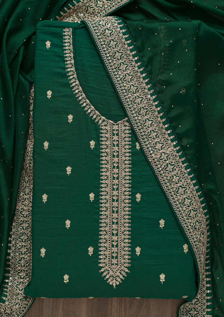 Bottle Green Zariwork Raw Silk Semi Stitched Salwar Suit-Koskii