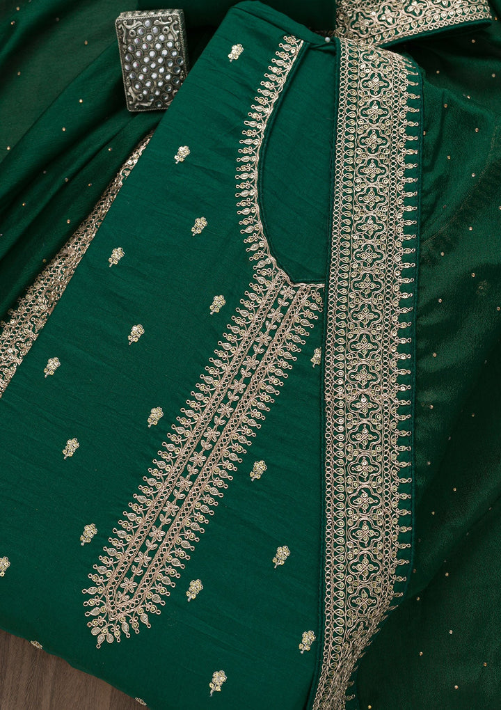 Bottle Green Zariwork Raw Silk Semi Stitched Salwar Suit-Koskii