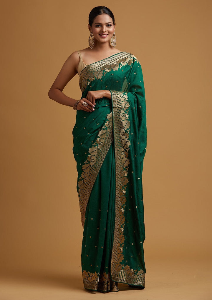 Bottle Green Zariwork Art Silk Designer Saree - koskii