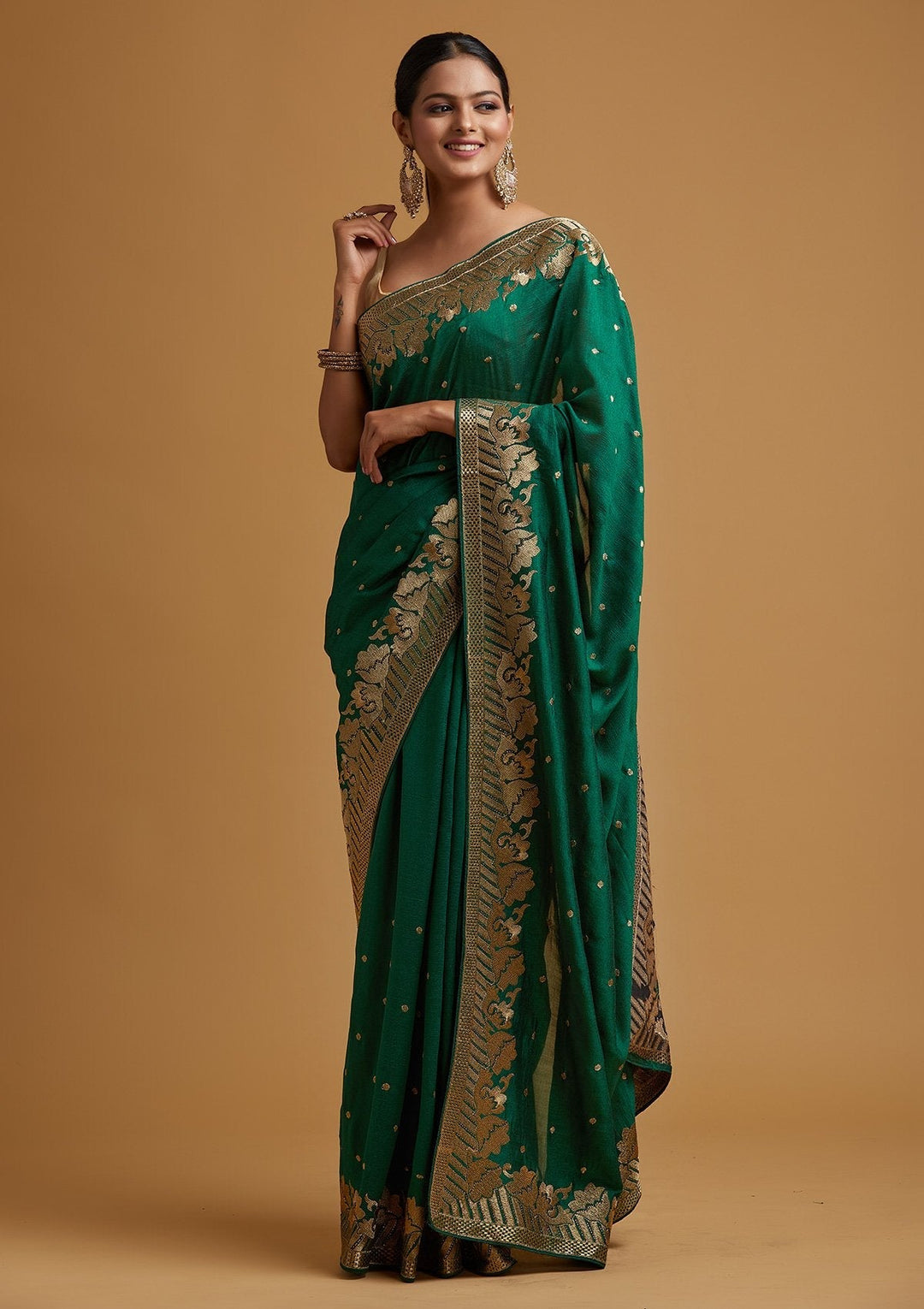 Bottle Green Zariwork Art Silk Designer Saree - koskii