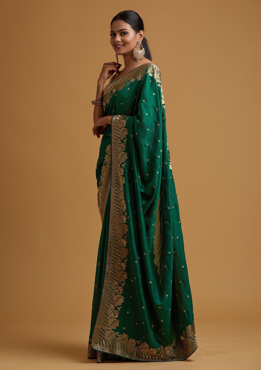Bottle Green Zariwork Art Silk Designer Saree - koskii