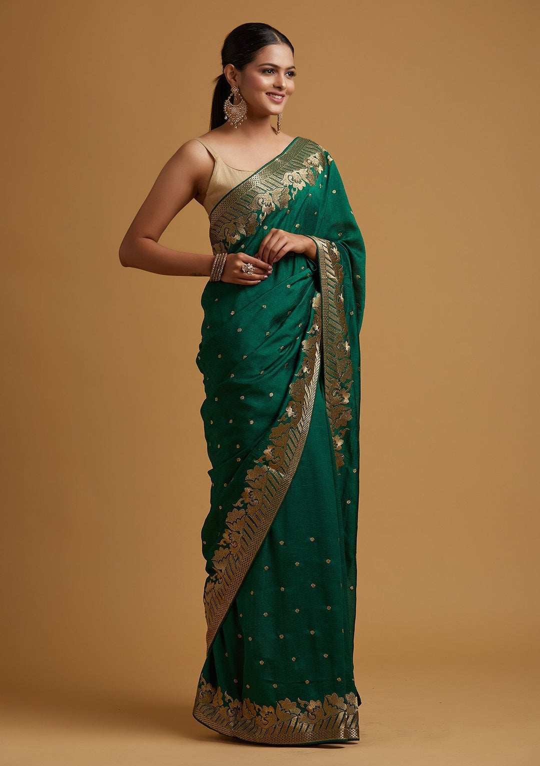 Bottle Green Zariwork Art Silk Designer Saree - koskii