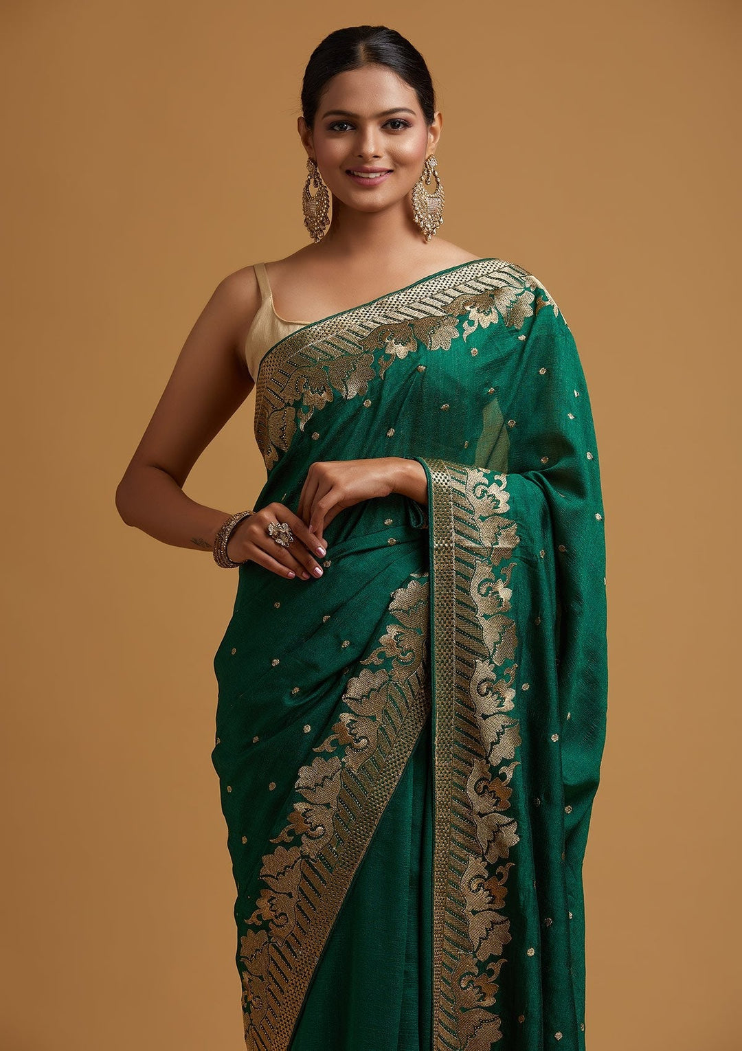 Bottle Green Zariwork Art Silk Designer Saree - koskii