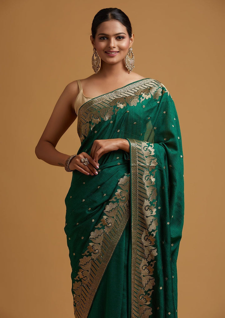 Bottle Green Zariwork Art Silk Designer Saree - koskii