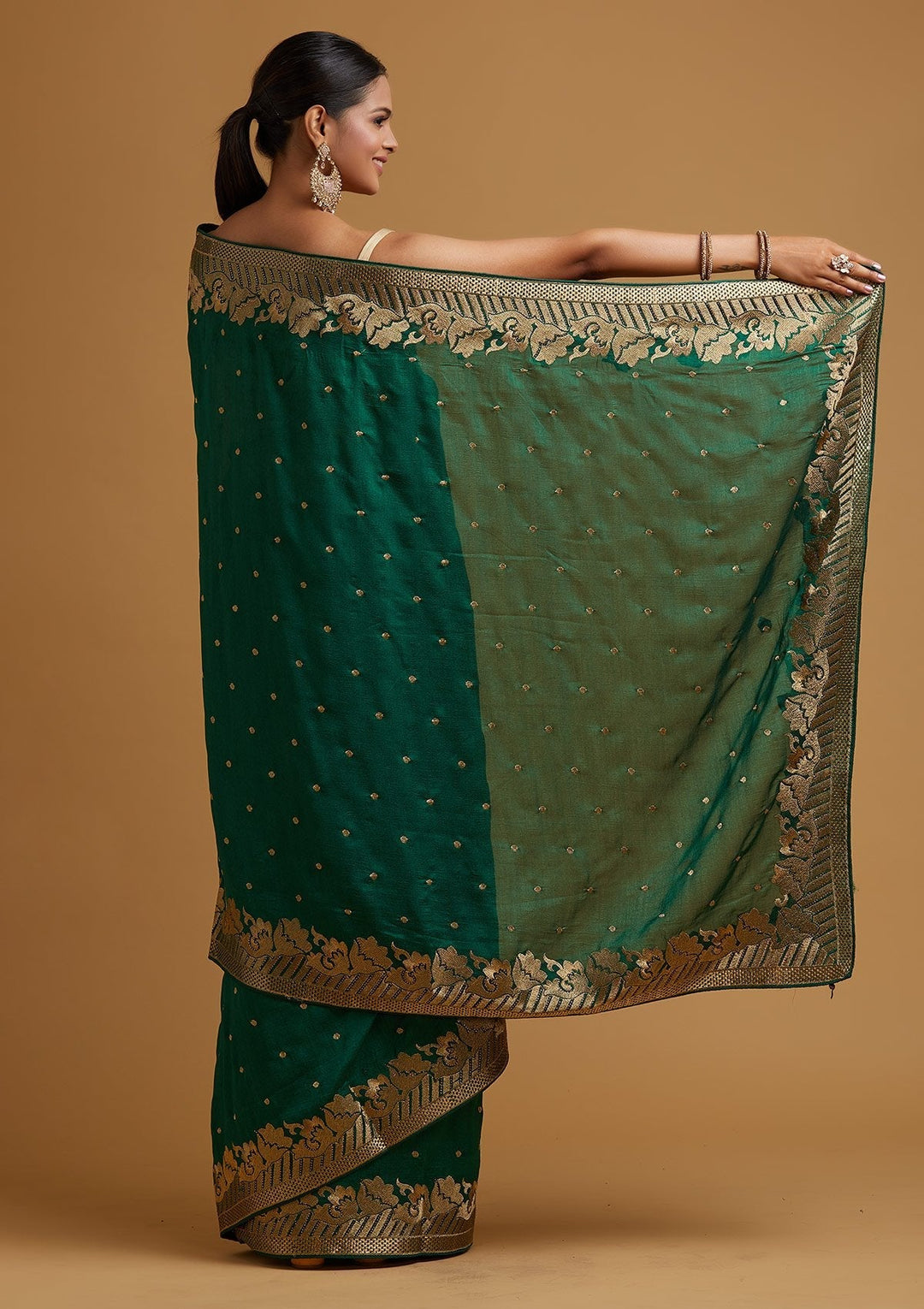 Bottle Green Zariwork Art Silk Designer Saree - koskii