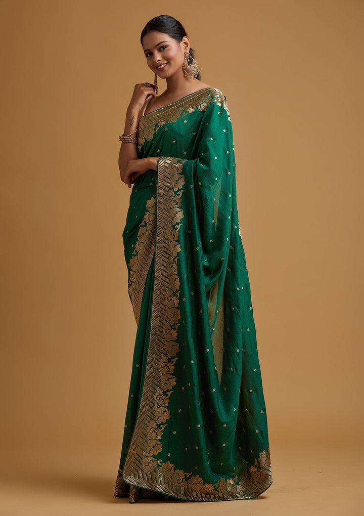 Bottle Green Zariwork Art Silk Designer Saree - koskii