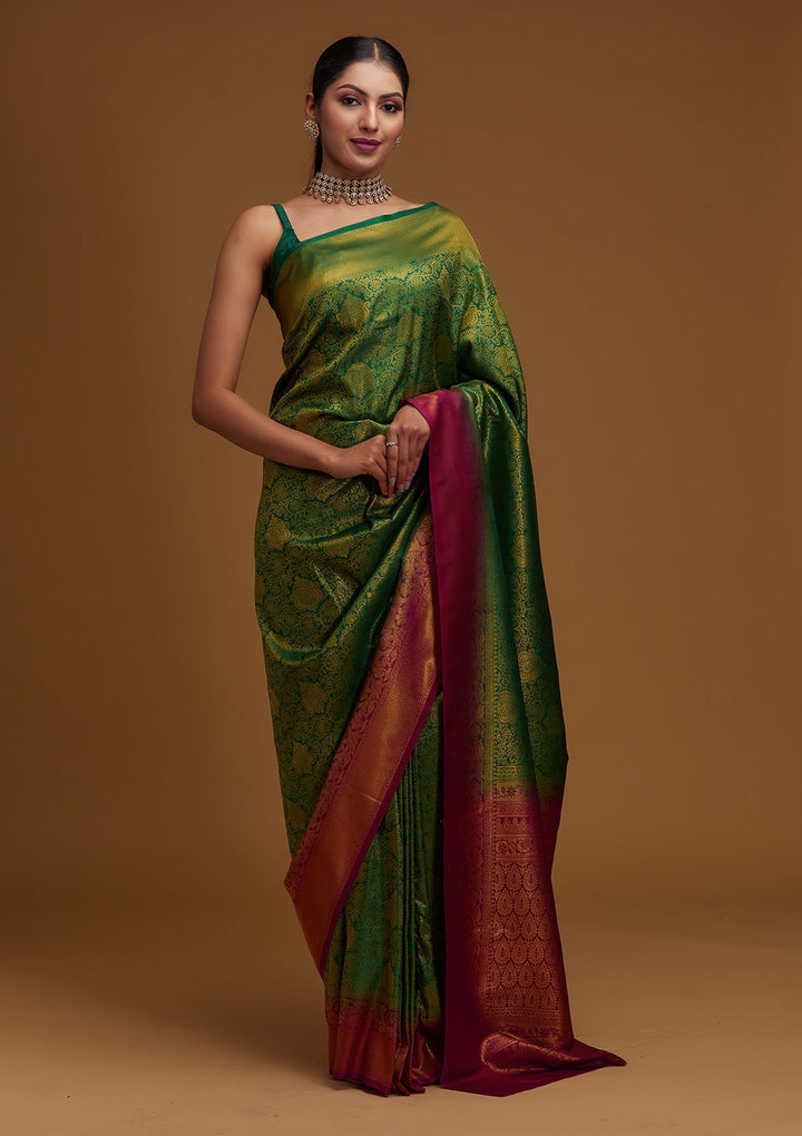 Bottle Green Zariwork Art Silk Designer Saree - Koskii