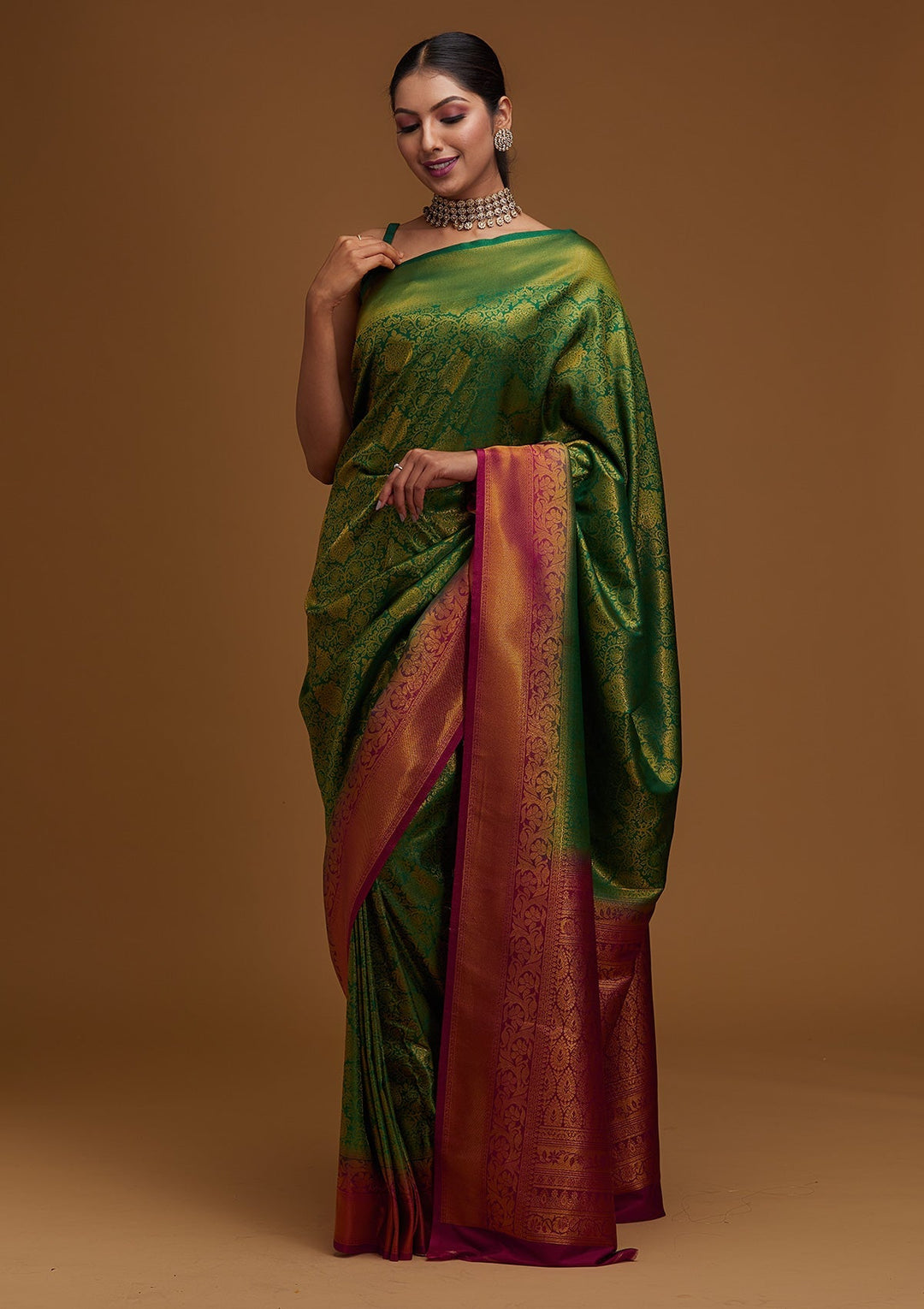 Bottle Green Zariwork Art Silk Designer Saree - Koskii