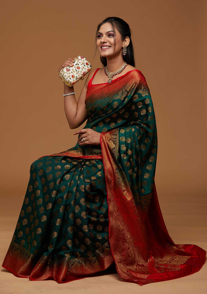 Bottle Green Zariwork Art Silk Saree-Koskii