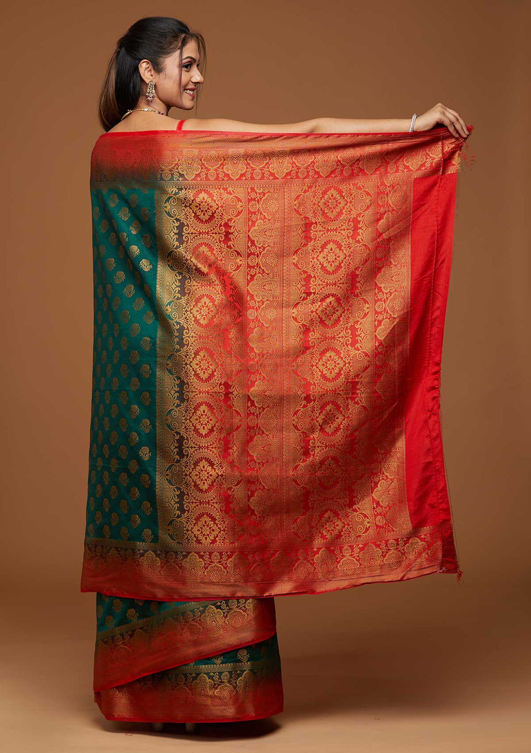 Bottle Green Zariwork Art Silk Saree-Koskii