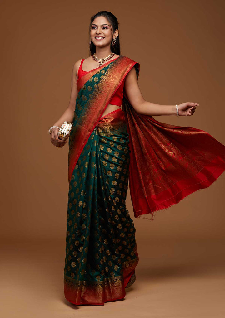 Bottle Green Zariwork Art Silk Saree-Koskii