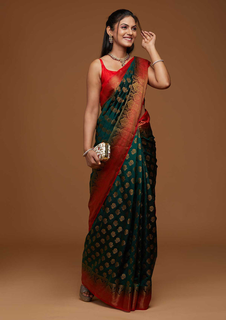 Bottle Green Zariwork Art Silk Saree-Koskii