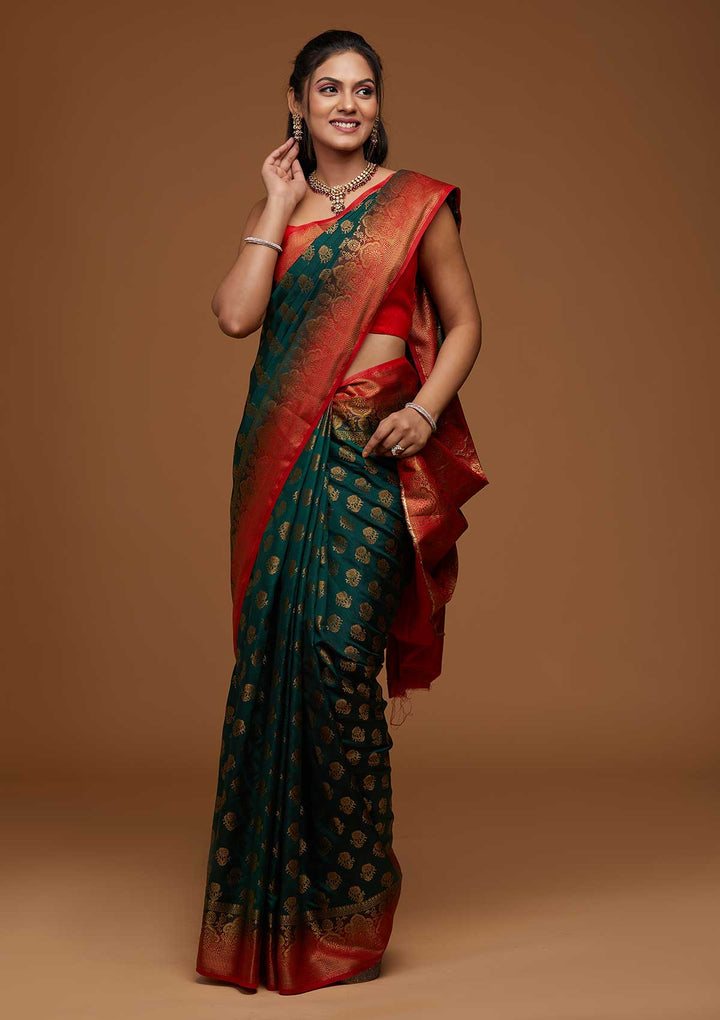 Bottle Green Zariwork Art Silk Saree-Koskii