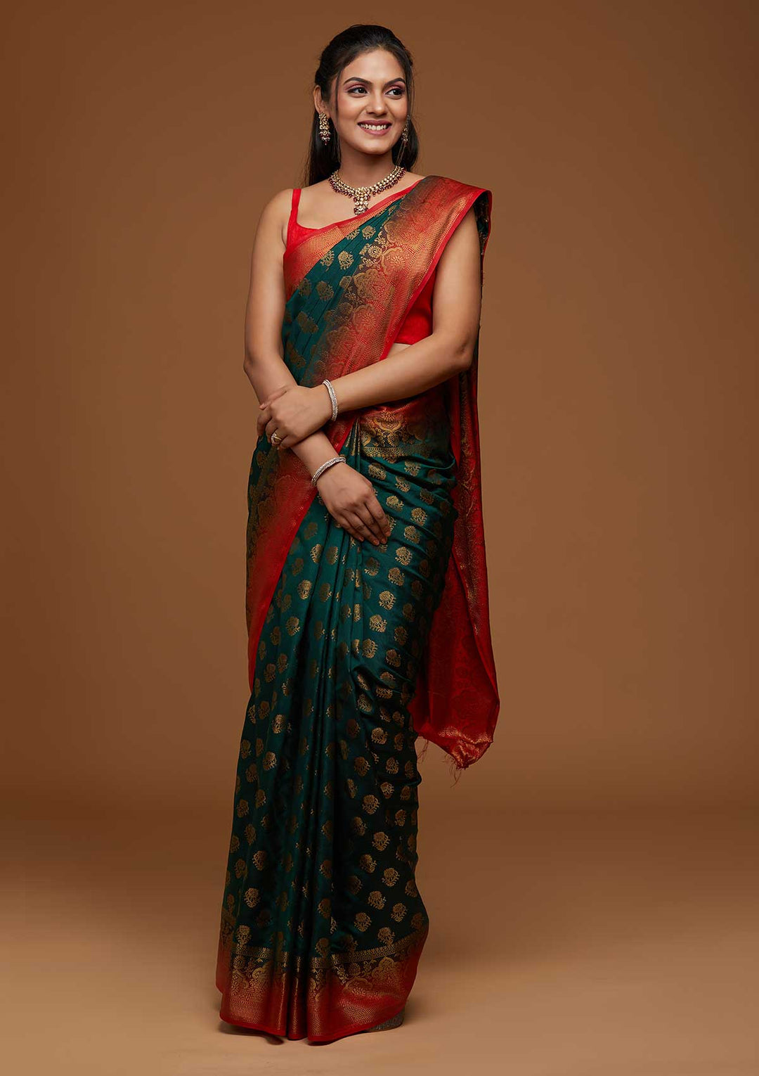 Bottle Green Zariwork Art Silk Saree-Koskii