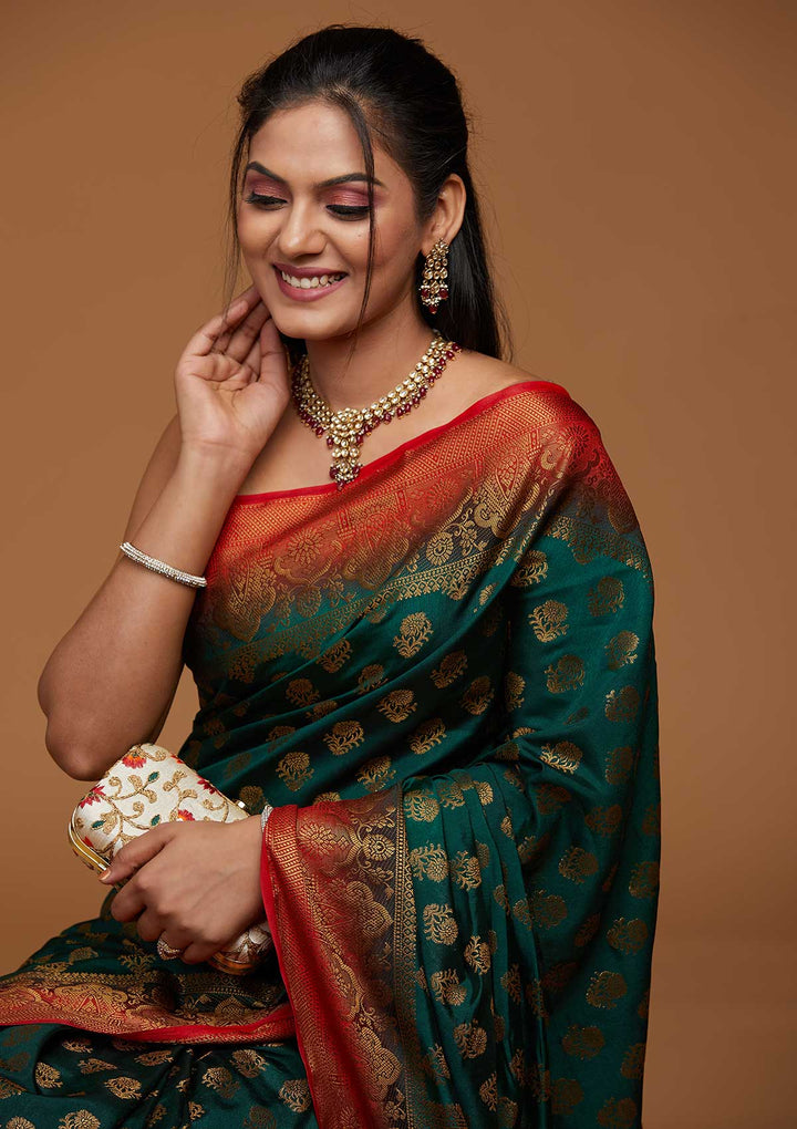 Bottle Green Zariwork Art Silk Saree-Koskii