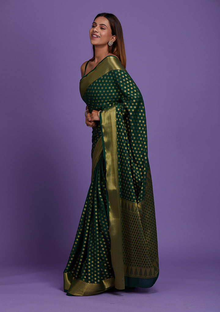 Bottle Green Zariwork Art Silk Saree-Koskii