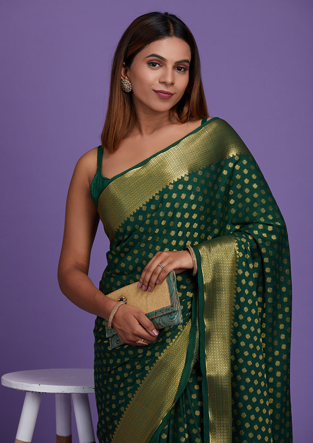 Bottle Green Zariwork Art Silk Saree-Koskii