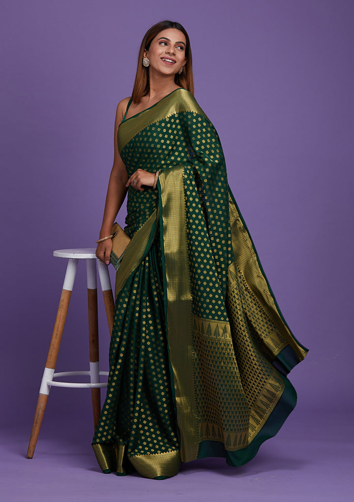 Bottle Green Zariwork Art Silk Saree-Koskii