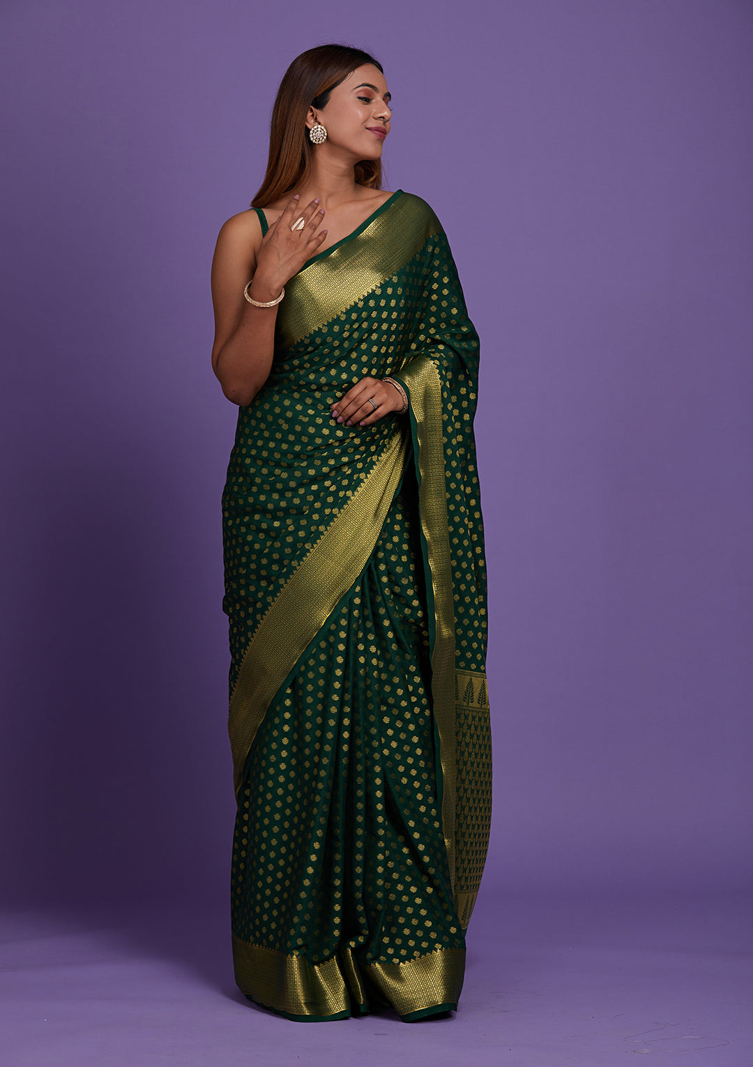 Bottle Green Zariwork Art Silk Saree-Koskii