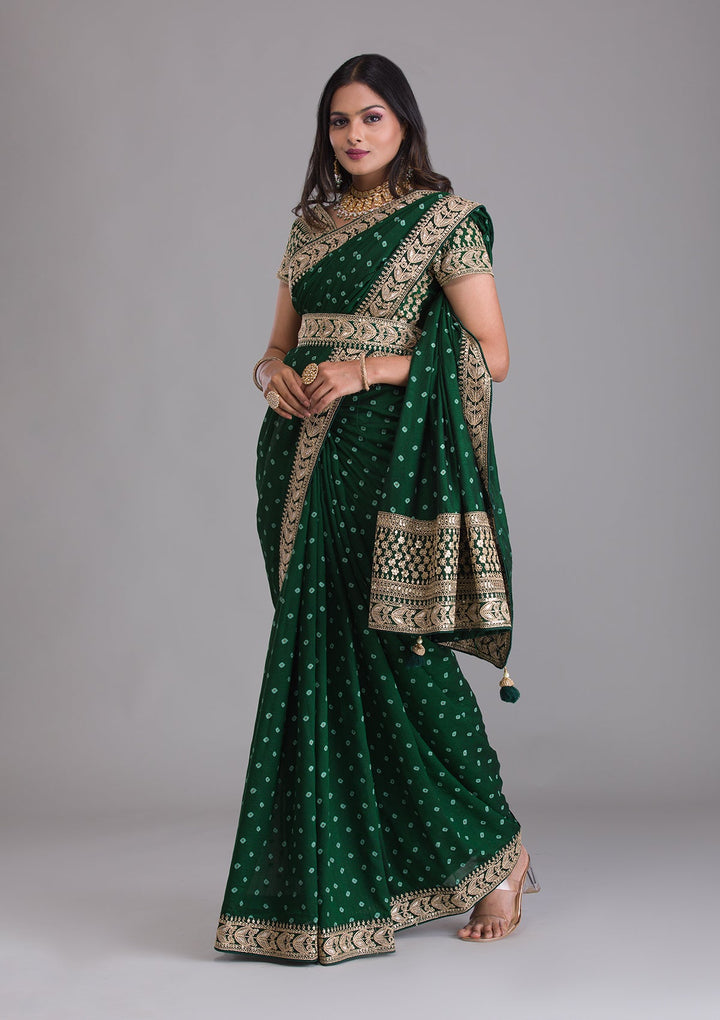 Bottle Green Zariwork Art Silk Saree-Koskii