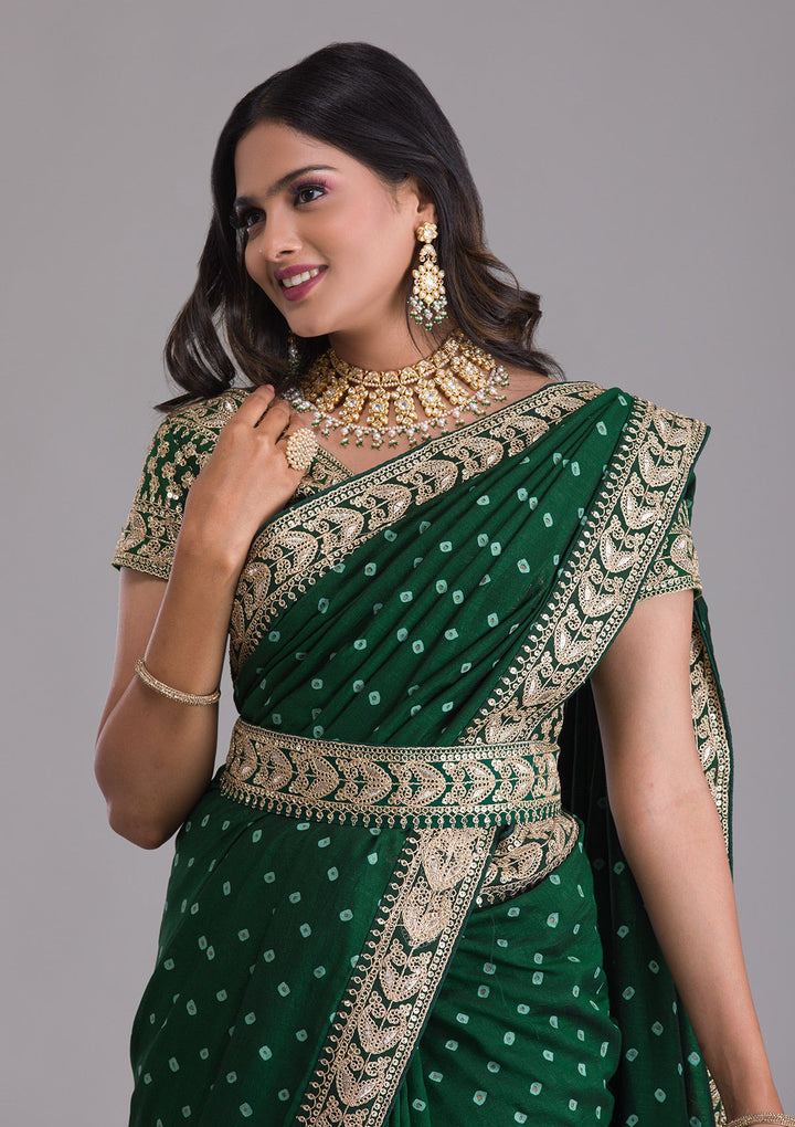 Bottle Green Zariwork Art Silk Saree-Koskii