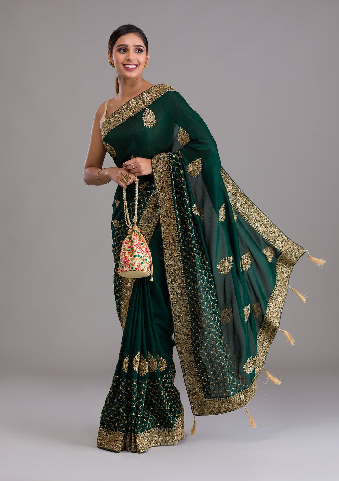 Bottle Green Zariwork Art Silk Saree-Koskii