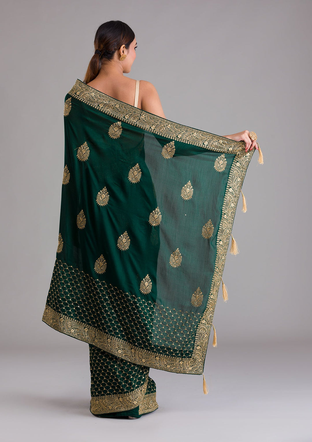 Bottle Green Zariwork Art Silk Saree-Koskii