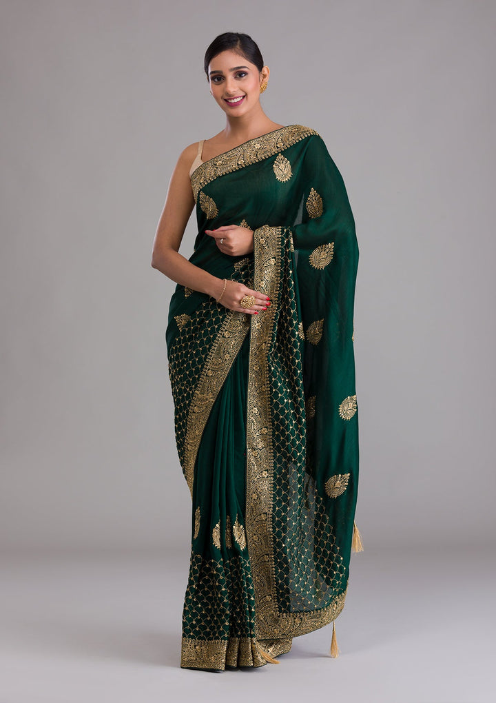 Bottle Green Zariwork Art Silk Saree-Koskii