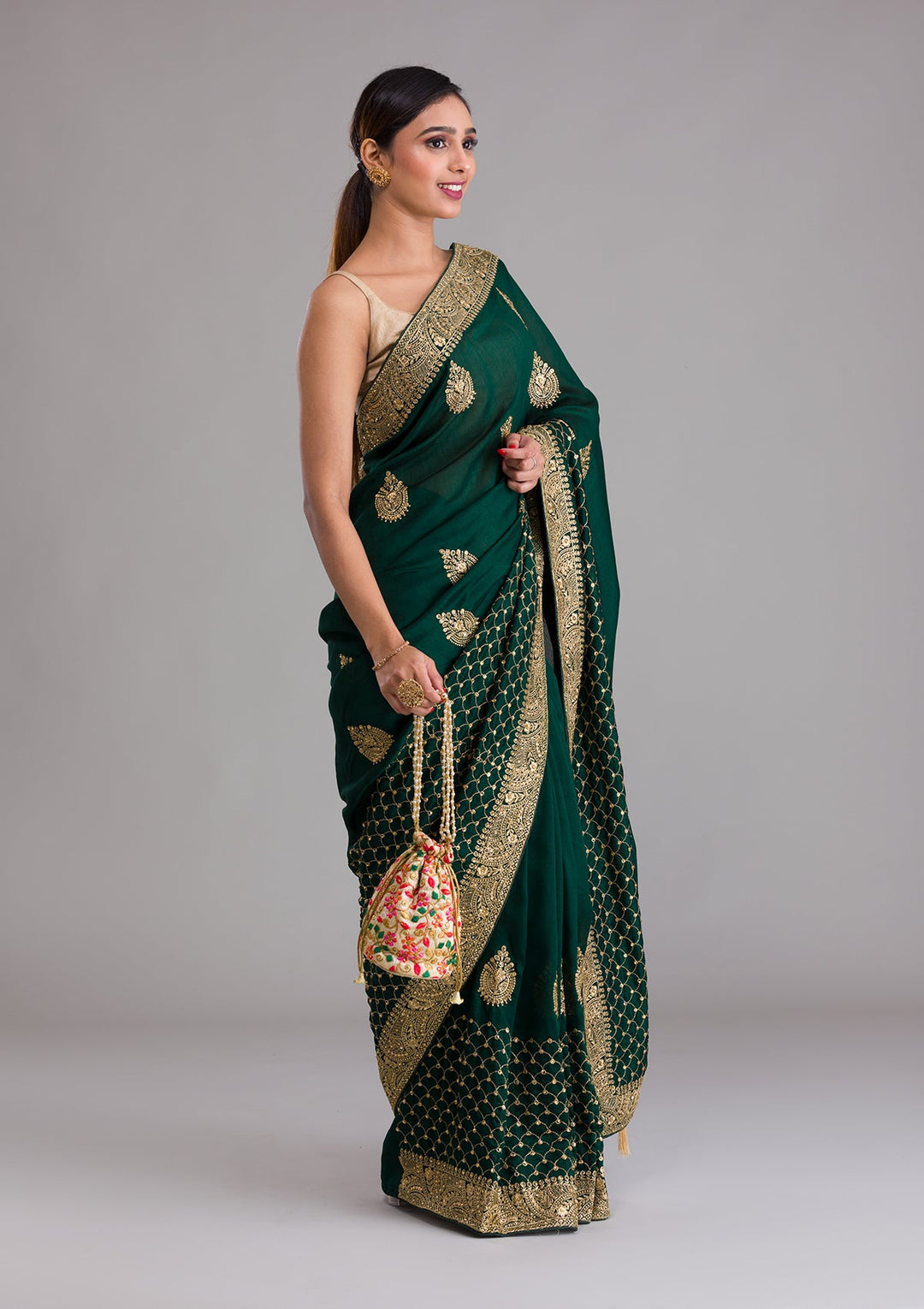 Bottle Green Zariwork Art Silk Saree-Koskii