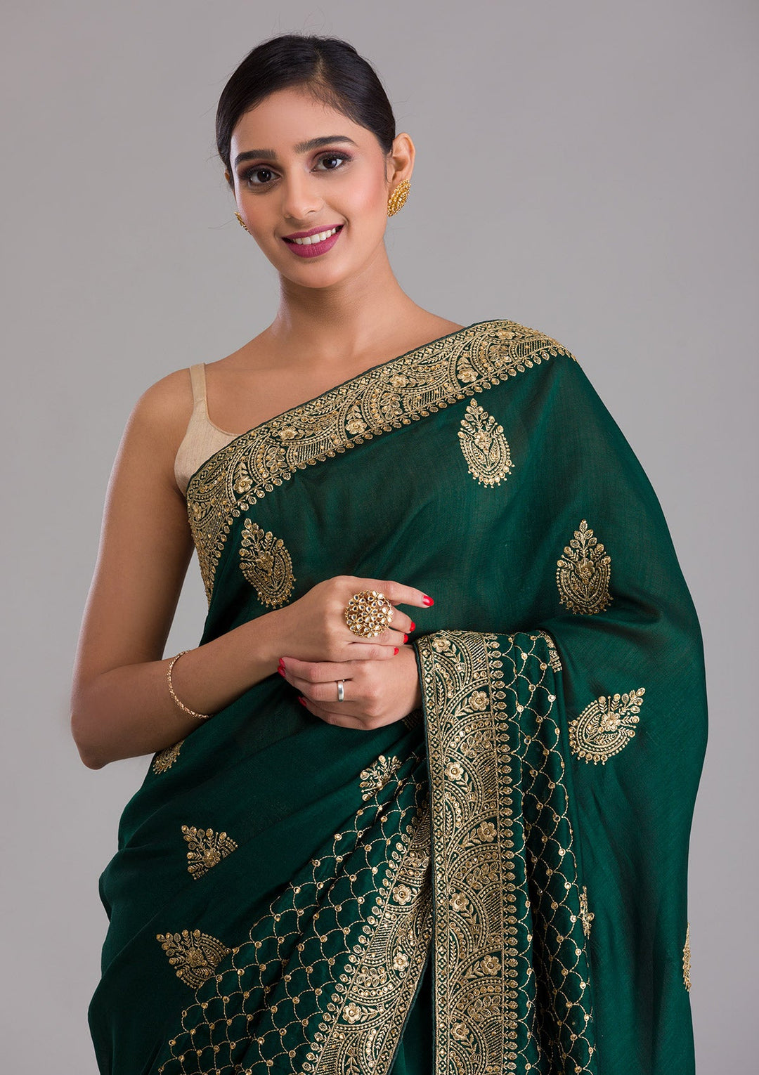 Bottle Green Zariwork Art Silk Saree-Koskii