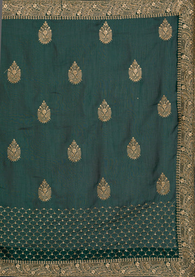 Bottle Green Zariwork Art Silk Saree-Koskii