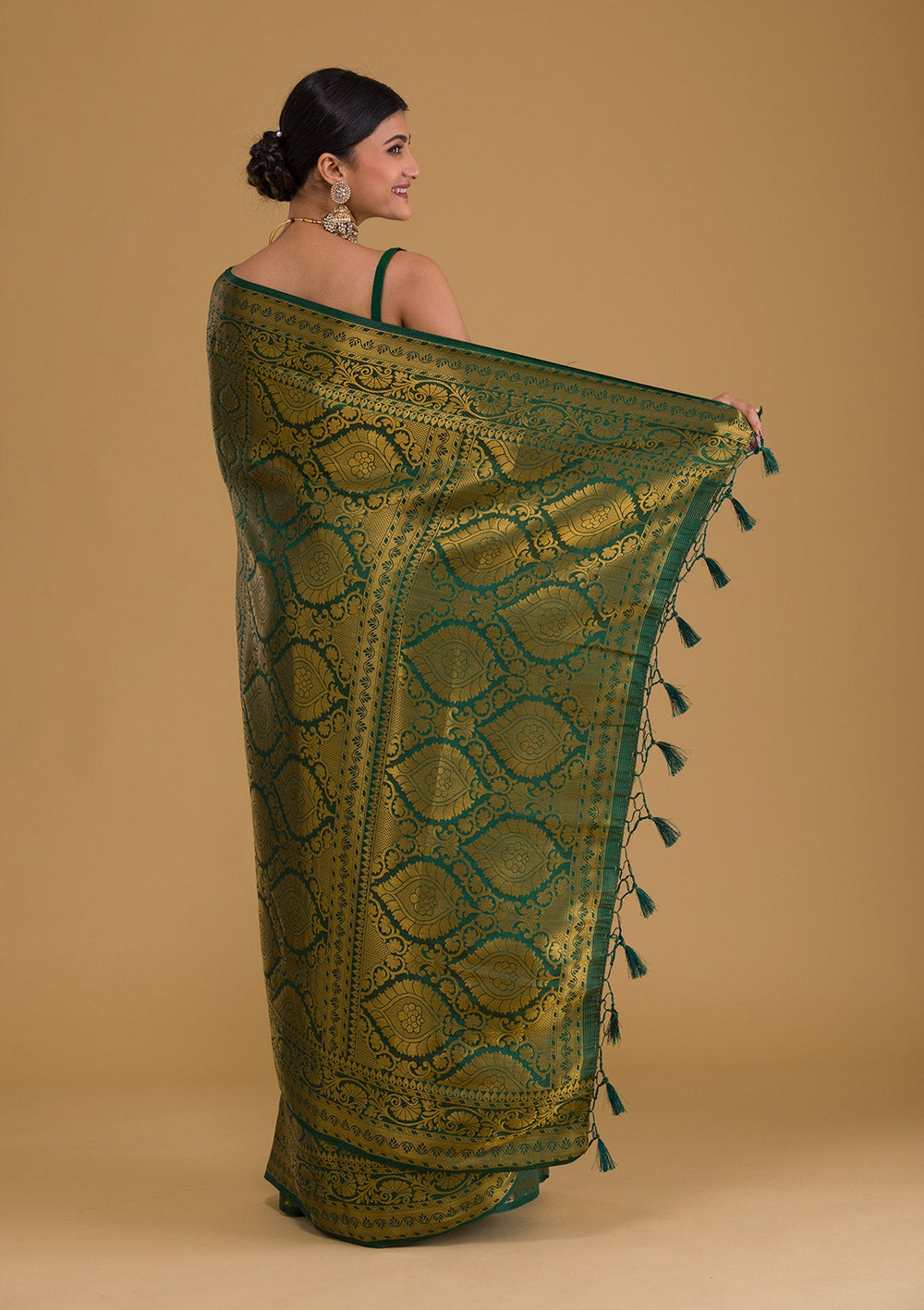 Bottle Green Zariwork Banarasi Saree-Koskii