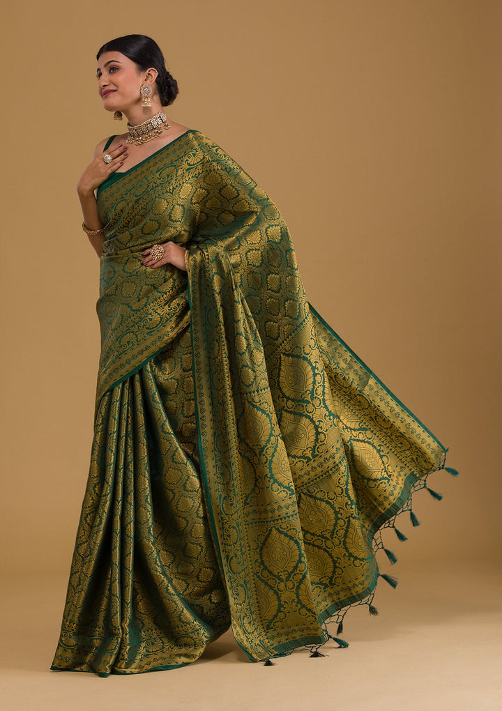 Bottle Green Zariwork Banarasi Saree-Koskii