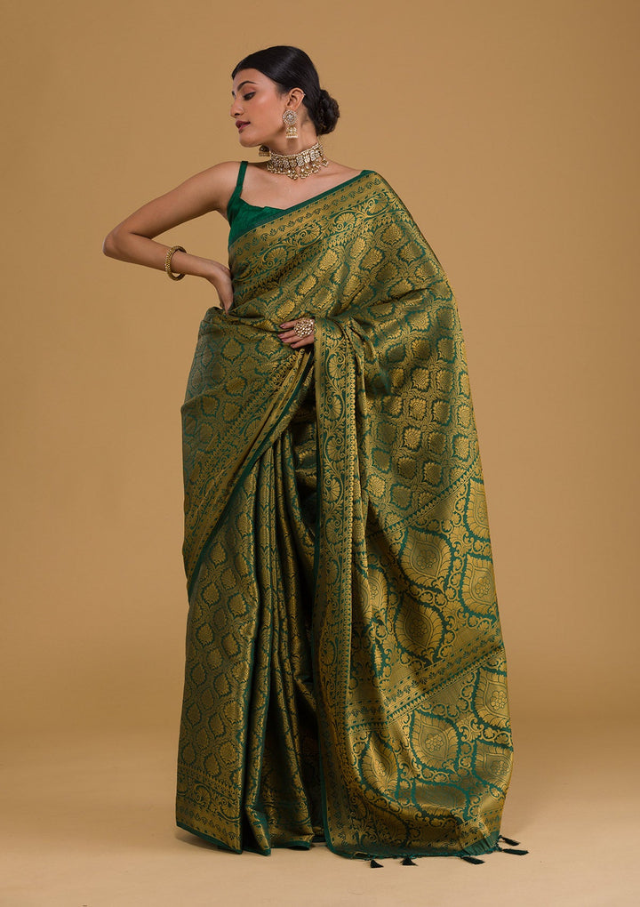 Bottle Green Zariwork Banarasi Saree-Koskii
