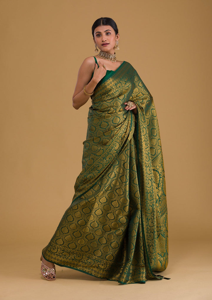 Bottle Green Zariwork Banarasi Saree-Koskii