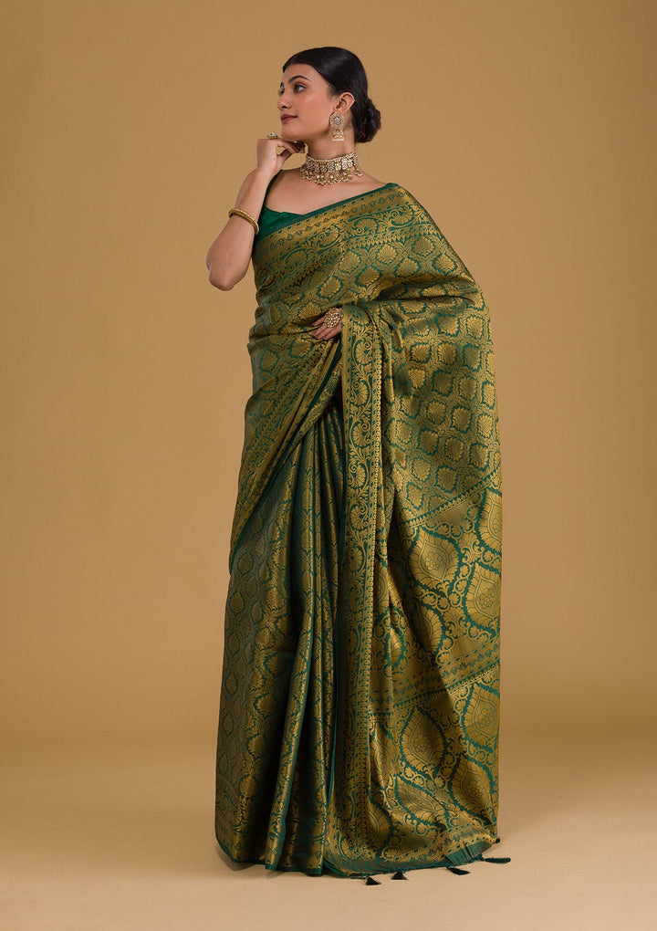 Bottle Green Zariwork Banarasi Saree-Koskii