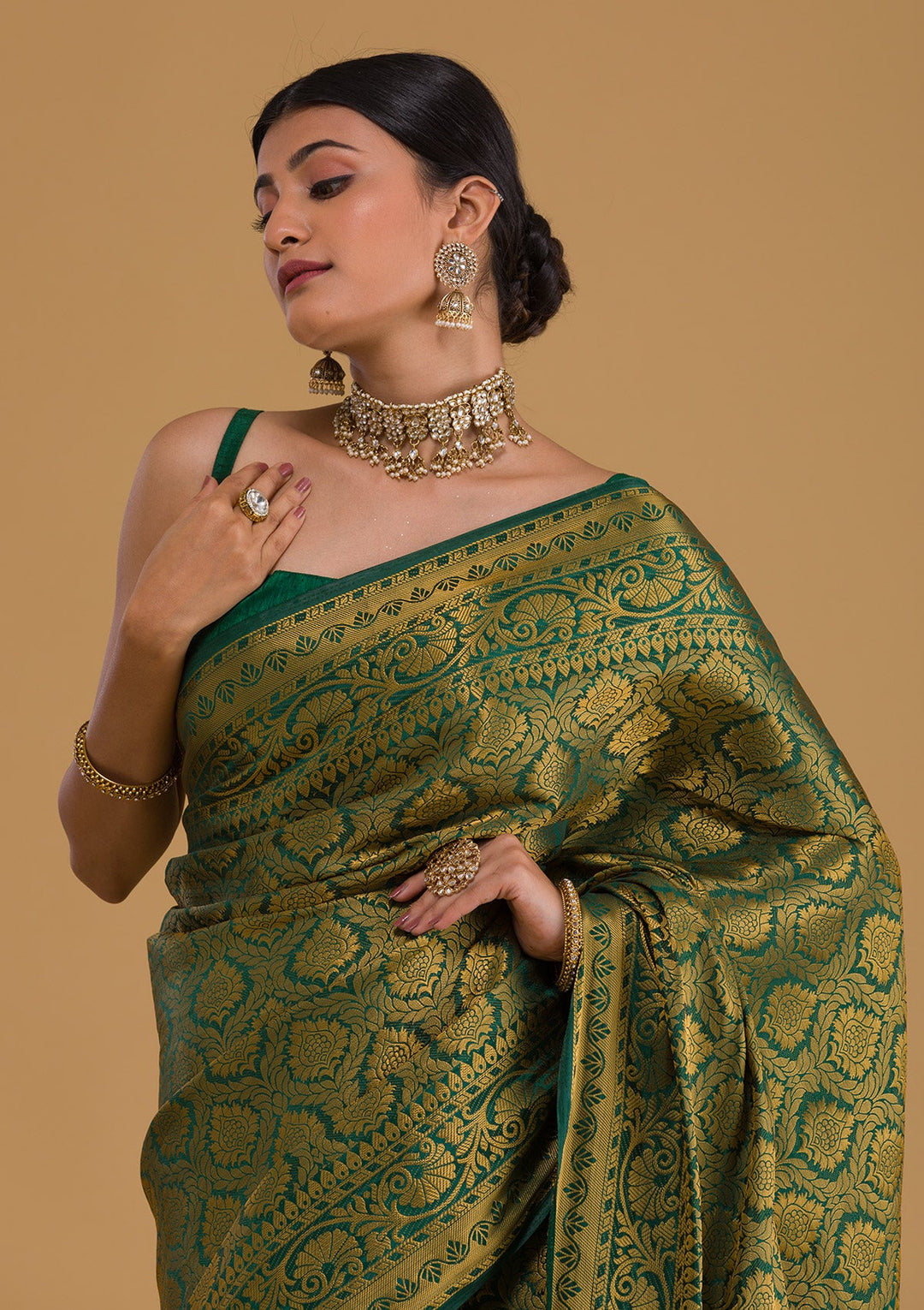 Bottle Green Zariwork Banarasi Saree-Koskii