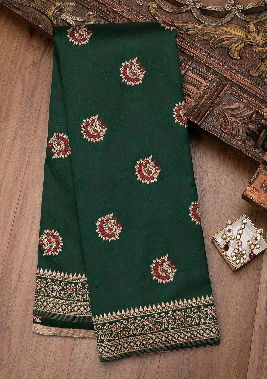 Bottle Green Zariwork Art Silk Saree-Koskii