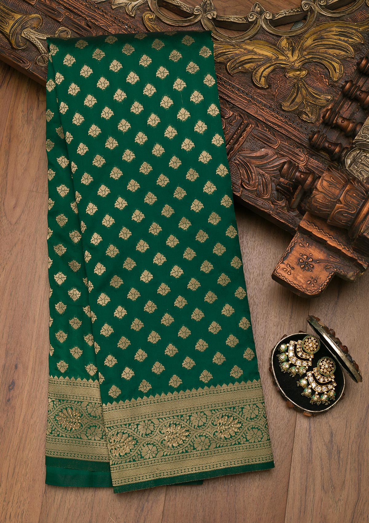 Bottle Green Zariwork Art Silk Saree-Koskii